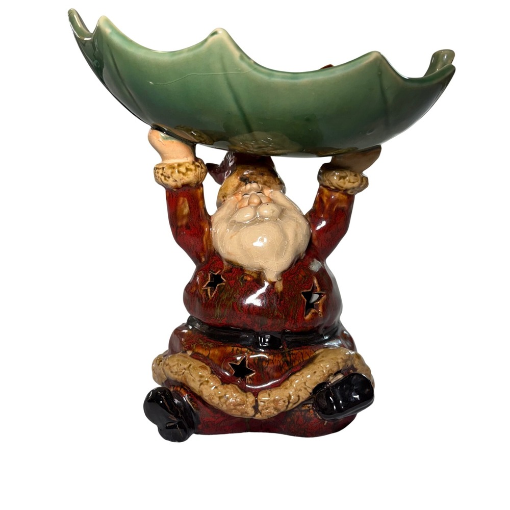 Ceramic Santa Claus Holding Leaf Candy Dish Candle Holder Christmas Decor 8"